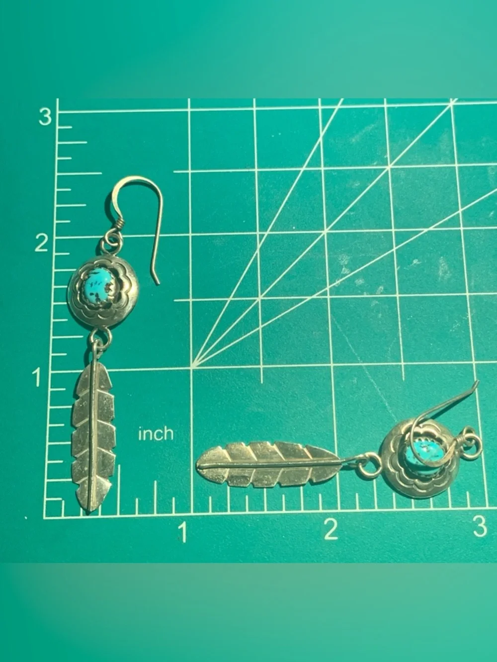 Navajo Shadowbox Turquoise Dangle Feather Drop Earrings Signed BL